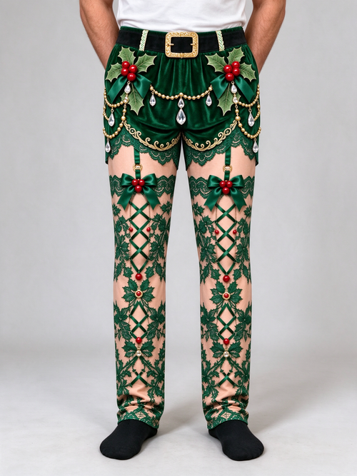 Jingle Hype Illusion Pants, green holly design, worn