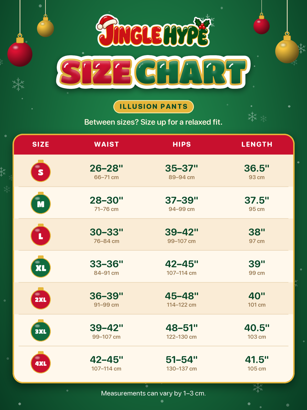 Jingle Hype Illusion Pants size chart S to 4XL in inches and centimeters (3x4)